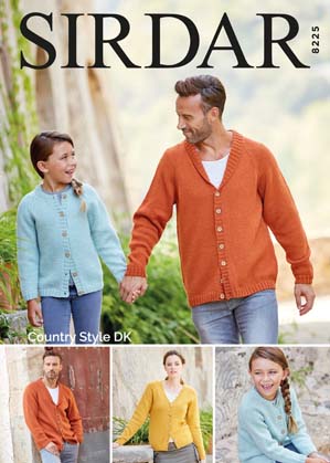 Sirdar 8225 Family Cardigans in Sirdar Country Style DK or equivalent. Uses Double Knitting #3 weight yarn. Sizes 4-6 years to adult x-large.